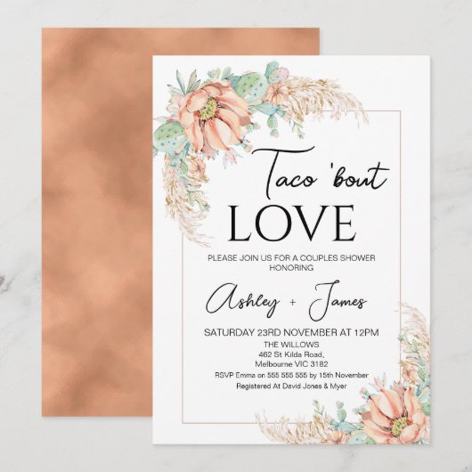 Orange Cactus Boho Floral Couples Dusche Einladung (Vorne/Hinten)