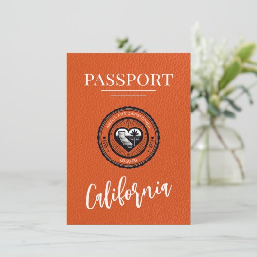 Orange California Passport Save the Date (Stehend Vorderseite)