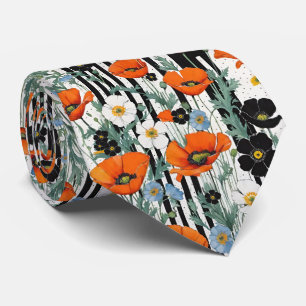 Orange California Poppies & Black Stripes Krawatte