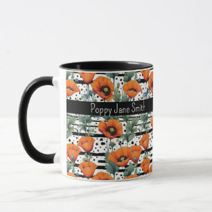 Orange California Poppies Schwarz-Weiß Streifen Tasse