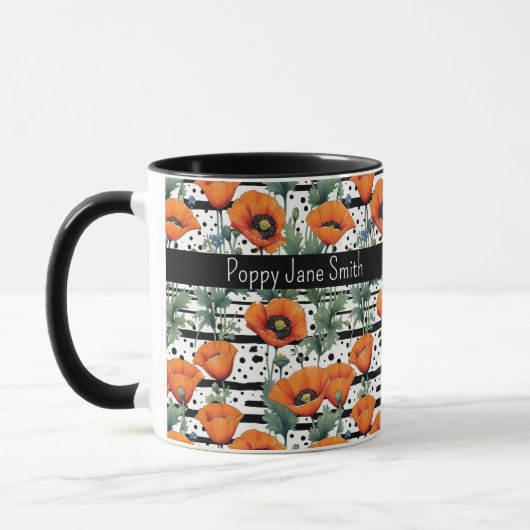 Orange California Poppies Schwarz-Weiß Streifen Tasse (Links)