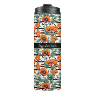Orange California Poppies Schwarz-Weiß Streifen Thermosbecher