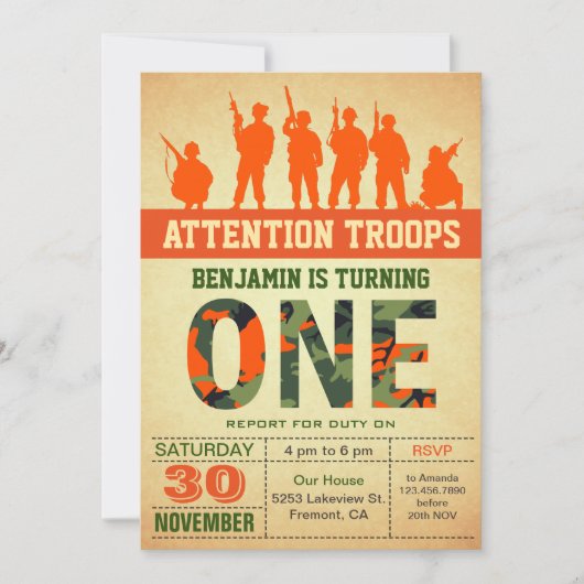 Orange Camouflage Camouflage Einladung zum ersten (Vorderseite)