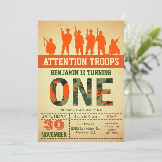 Orange Camouflage Camouflage Einladung zum ersten (Stehend Vorderseite)