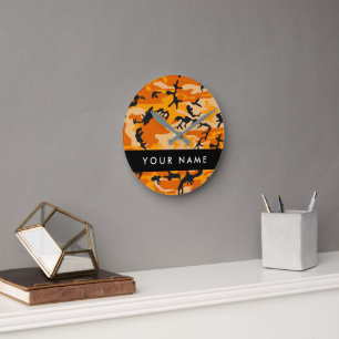 Orange Camouflage Ihr Name personalisieren Runde Wanduhr