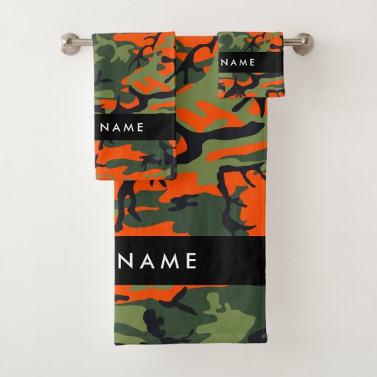 Orange Camouflage Pattern, Ihr Name, Personalisier Badhandtuch Set (Insitu)