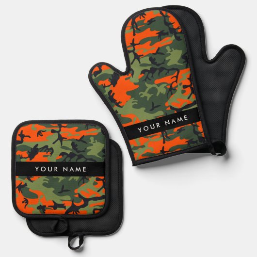 Orange Camouflage Pattern, Ihr Name, Personalisier Ofenhandschuh & Topflappen-Set (Vorderseite/Rückseite)