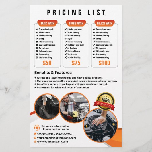 Orange Car Washing Waxing Auto Detailinformationen Flyer (Hinten)