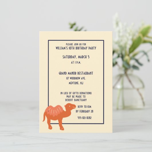 Orange Cartoon Camel Bactrian 2 Humps Custom Einladung (Stehend Vorderseite)