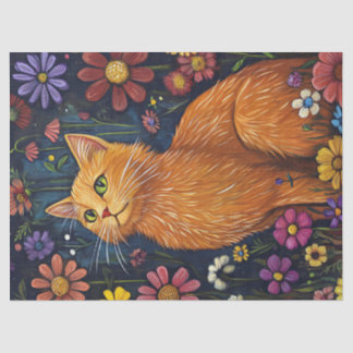 Orange Cat Amid farbenfrohe Blüten Dekoupage Seidenpapier