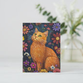 Orange Cat Amid farbenfrohe Blüten Postkarte (Stehend Vorderseite)