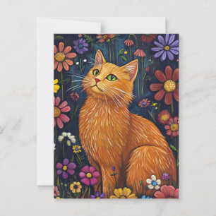 Orange Cat Amid farbenfrohe Blüten Postkarte