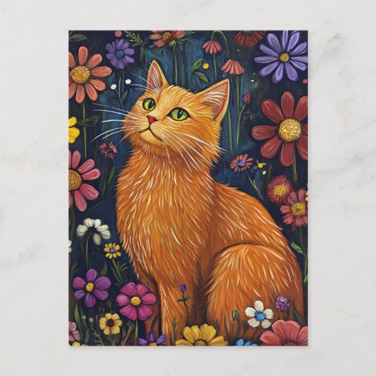 Orange Cat Amid farbenfrohe Blüten Postkarte (Vorderseite)