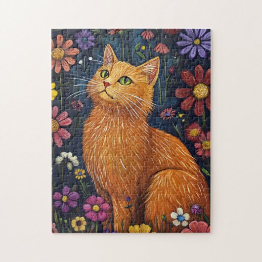 Orange Cat Amid farbenfrohe Blüten Puzzle (Vertikal)