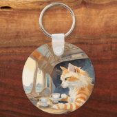 Orange Cat Drinking Tee Schlüsselanhänger (Vorderseite)