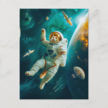 Orange cat floating in space with debris