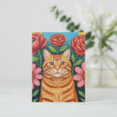 Orange Cat Folk Art Blume Postkarte (Stehend Vorderseite)