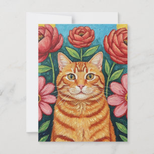 Orange Cat Folk Art Blume Postkarte