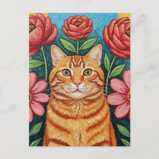 Orange Cat Folk Art Blume Postkarte (Vorderseite)