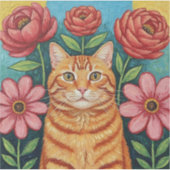 Orange Cat Folk Art Flowers Aufkleber (Vorderseite)