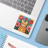 Orange Cat Folk Art Flowers Aufkleber (Laptop mit iPhone)