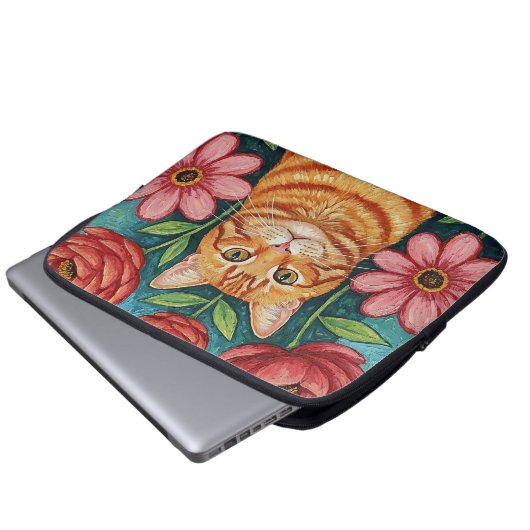 Orange Cat Folk Art Flowers Laptopschutzhülle (Vorne Knopf)