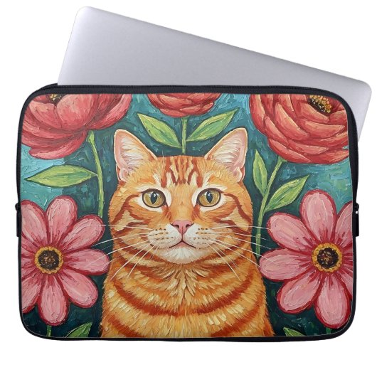 Orange Cat Folk Art Flowers Laptopschutzhülle (Vorderseite)