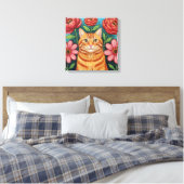 Orange Cat Folk Art Flowers Leinwanddruck (Insitu (Schlafzimmer))