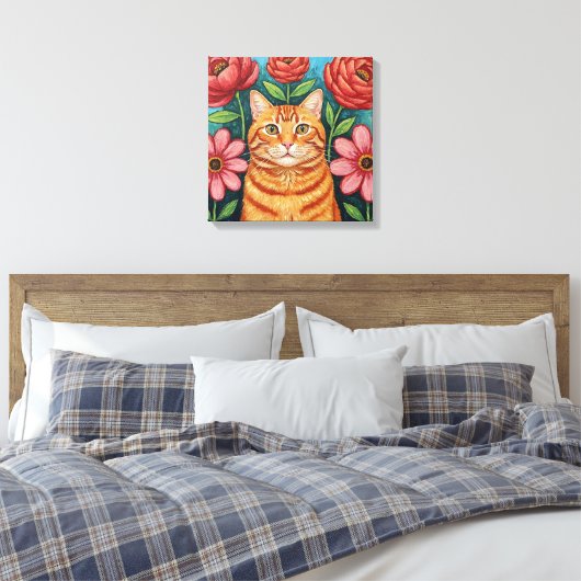 Orange Cat Folk Art Flowers Leinwanddruck (Insitu (Schlafzimmer))