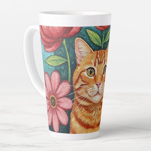 Orange Cat Folk Art Flowers Milchtasse (Linke Ecke)