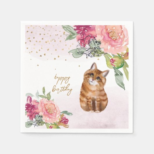 Orange Cat Illustration Happy Birthday Girl Party Serviette (Vorderseite)