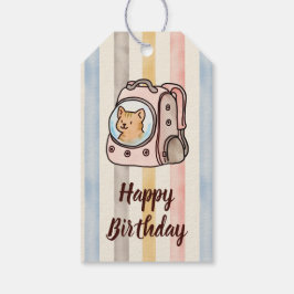 Orange Cat in a Backpack Watercolor Stripes Geschenkanhänger