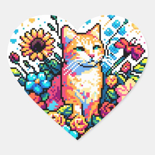 Orange Cat in Blume Pixel Art Herz-Aufkleber (Vorderseite)