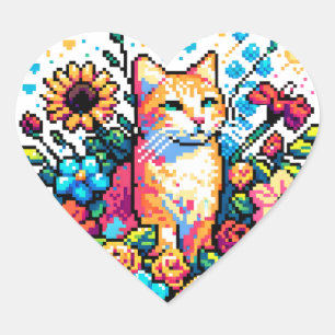 Orange Cat in Blume Pixel Art Herz-Aufkleber