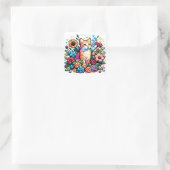 Orange Cat in Blume Pixel Art Quadratischer Aufkleber (Tasche)