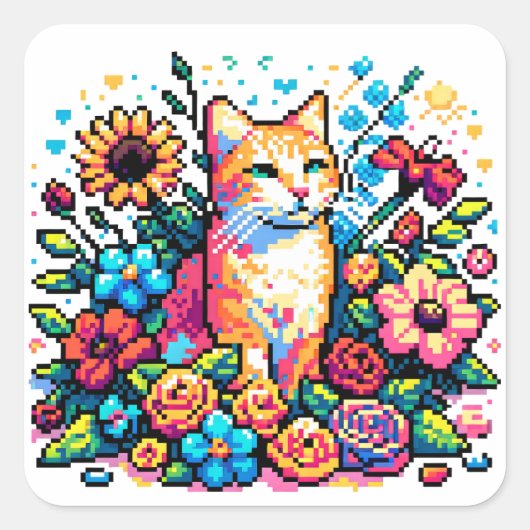 Orange Cat in Flowers Pixel Art Quadratischer Aufkleber (Vorderseite)
