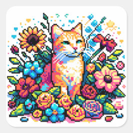 Orange Cat in Flowers Pixel Art Quadratischer Aufkleber
