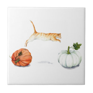Orange Cat Jumping between Pumpkins Fliese