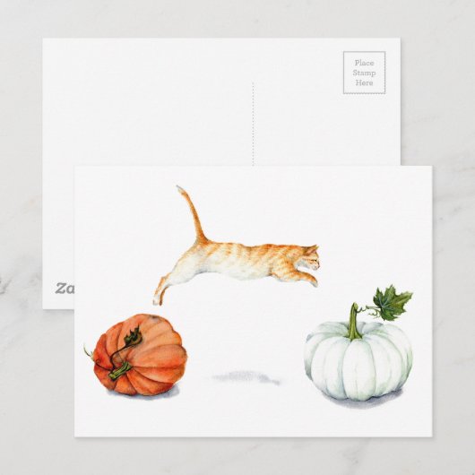 Orange Cat Jumping between Pumpkins Postkarte (Vorne/Hinten)