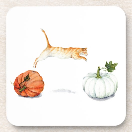 Orange Cat Jumping between Pumpkins Untersetzer (Vorderseite)
