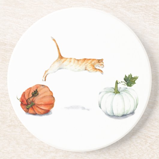 Orange Cat Jumping between Pumpkins Untersetzer (Vorne)