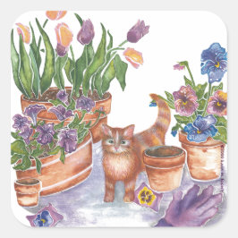 Orange Cat Tulips Stiefmütterchen Aquarell "Archib Quadratischer Aufkleber