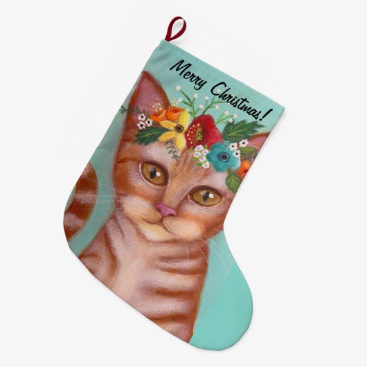 Orange Cat Whimsical Art Großer Weihnachtsstrumpf (Vorderansicht (hängend))