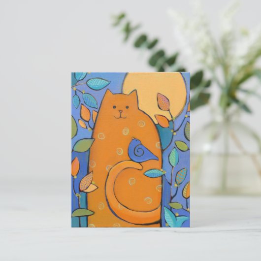 Orange Cat with Bird by Sue Davis Postkarte (Stehend Vorderseite)