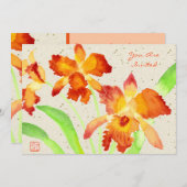 Orange Cattleya Orchids Aquarellmalerei Einladung (Vorne/Hinten)