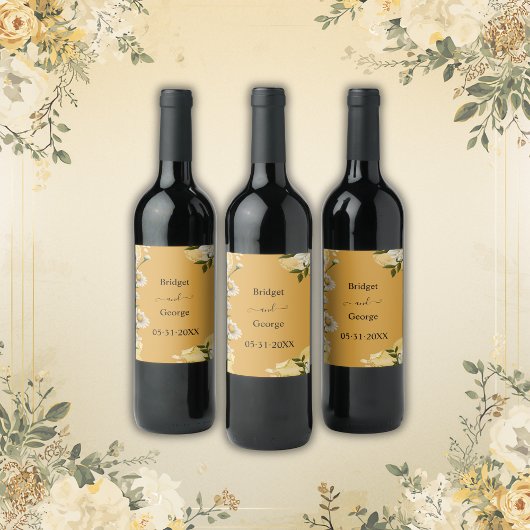 orange-charmante Retro-Blumenhochzeit Weinetikett