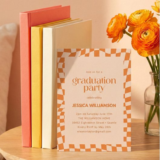 Orange Checker Modern Graduation Party 2026 Einladung