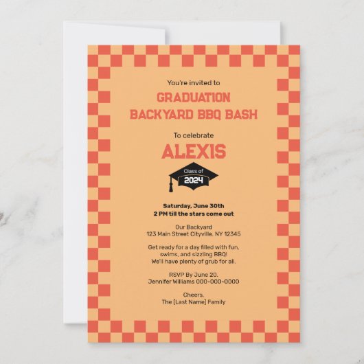 Orange Checkerboard Backyard Graduation Party Einladung (Vorderseite)