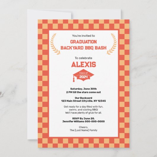 Orange Checkerboard Backyard Graduation Party Einladung (Vorderseite)
