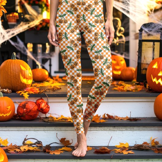 Orange Checkerboard Cherry Pumpkins Muster Leggings